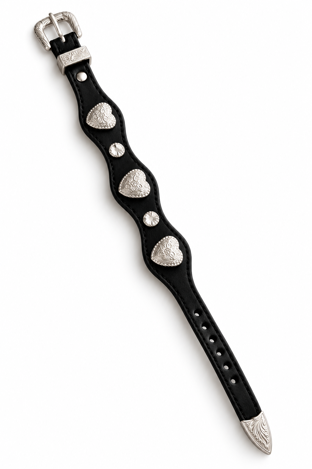 Trestles Clothing Company black leather bracelet with three engraved silver heart conchos and adjustable buckle.